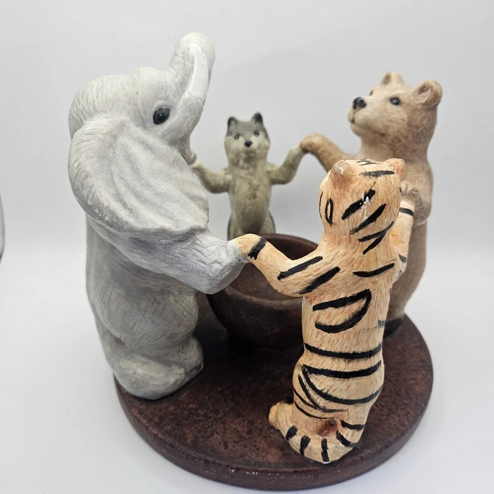 Y2K VTG Penco Animals Holding Hands Circle Tealight Candle Holder Elephant Bear